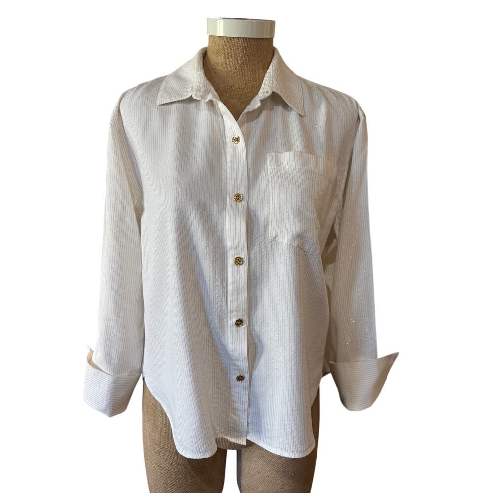 Halston Gold Stripe Boxy Button Up Shirt Womens Small Blouse Top NWOT Metallic